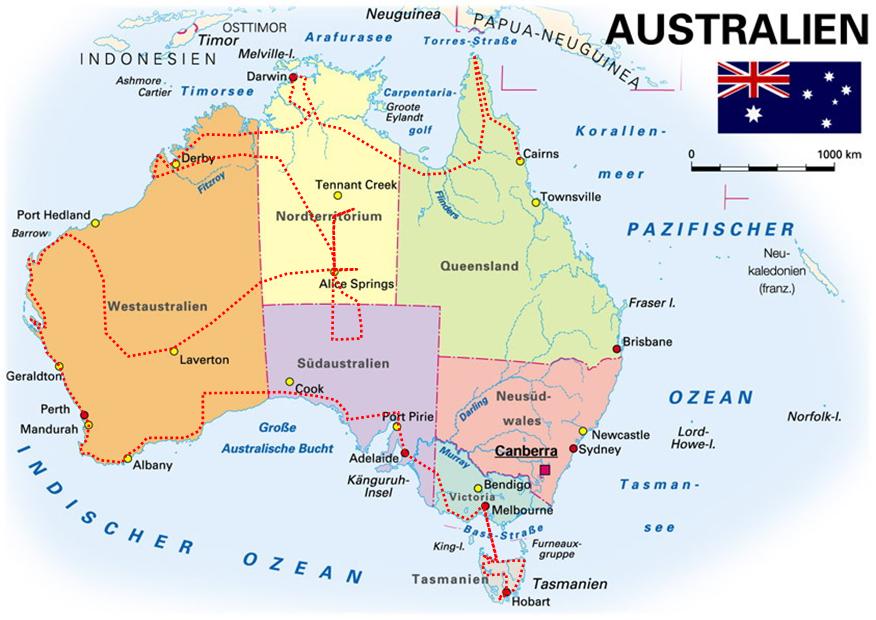 Unsere Reiseroute durch Australien 2007 / 2008